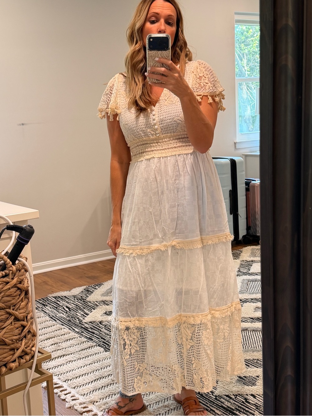 Boho Cream Crochet Lace Maxi Dress with Smocked Waist